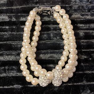 Vintage G. Silver Triple Strand Faux Pearl Rhinestone Encrusted Beaded Bracelet